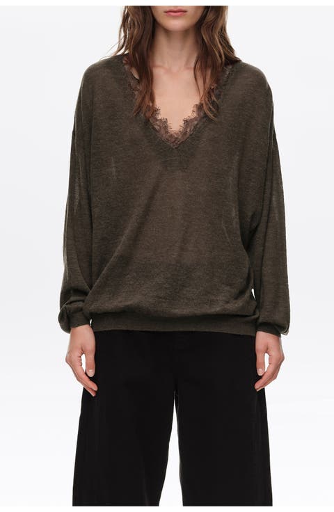 Long Wool Blend Lace Trim Sweater