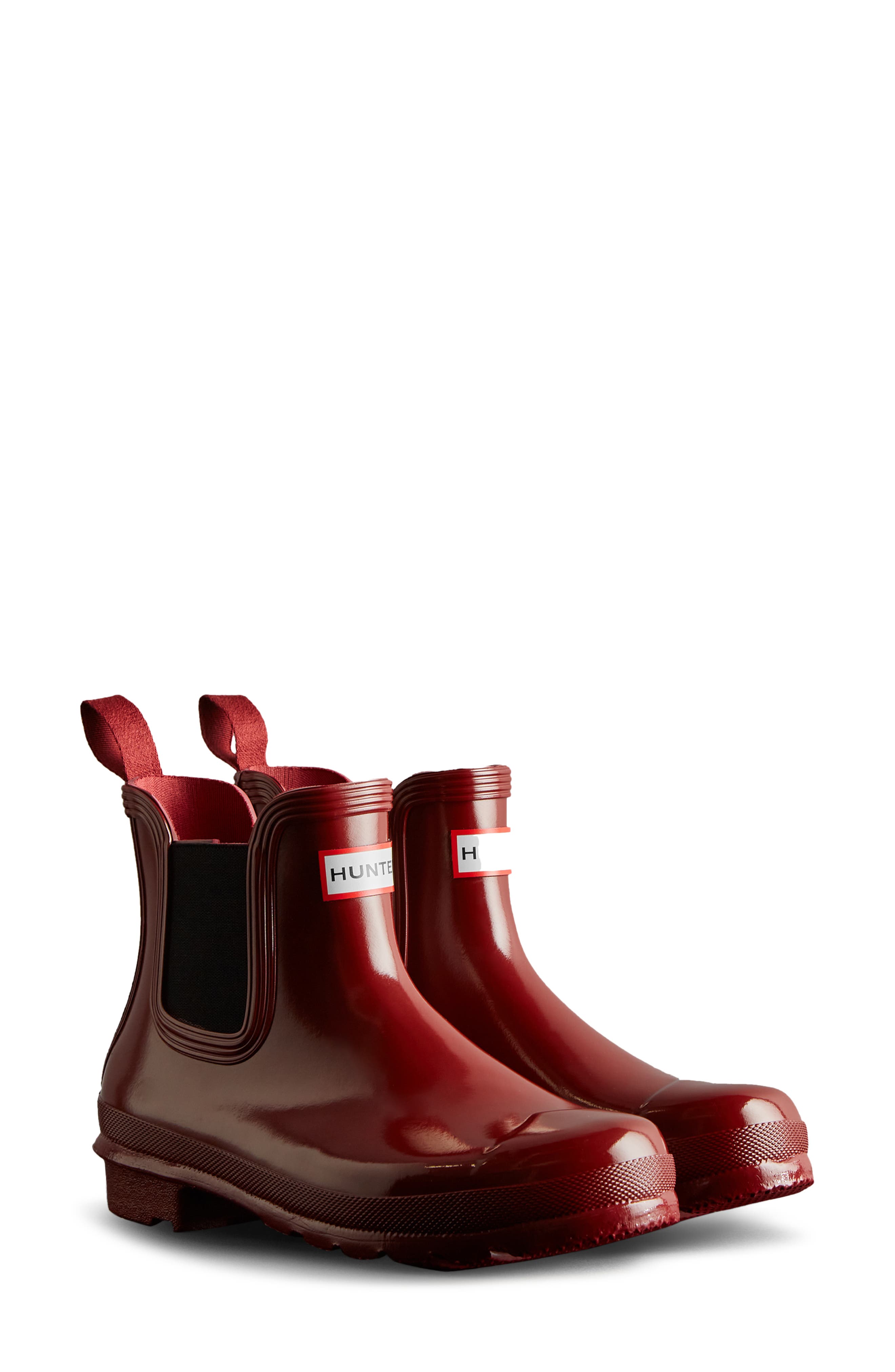 Hunter Original Gloss Waterproof Chelsea Boot, Main, color, Fall Red/ Black