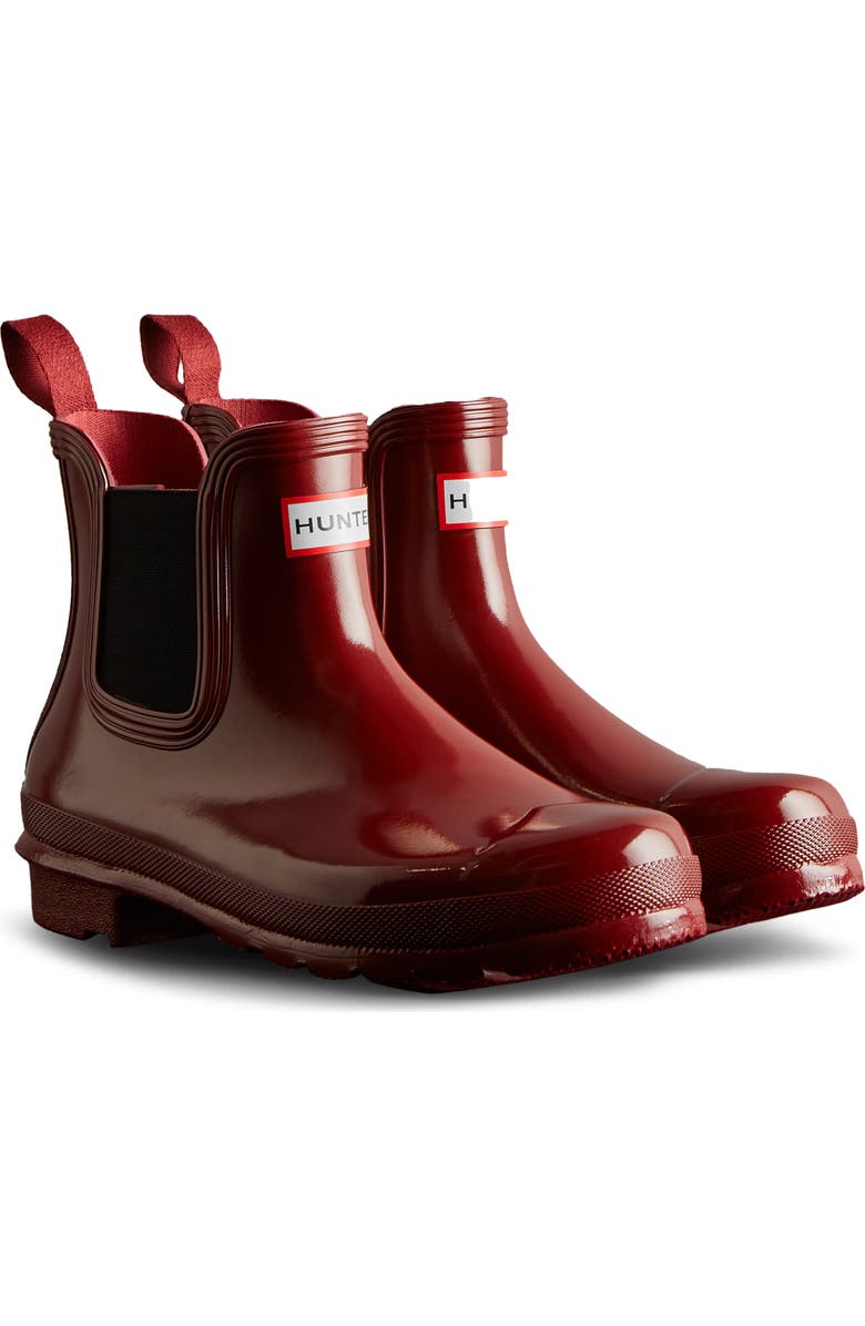 Hunter Original Gloss Waterproof Chelsea Boot, Main, color, Fall Red/ Black