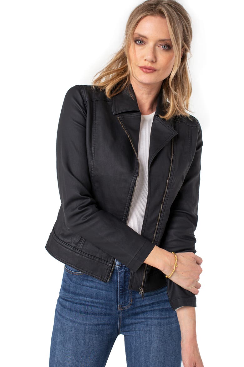 Liverpool Clean Coated Denim Moto Jacket, Alternate, color, BLACK