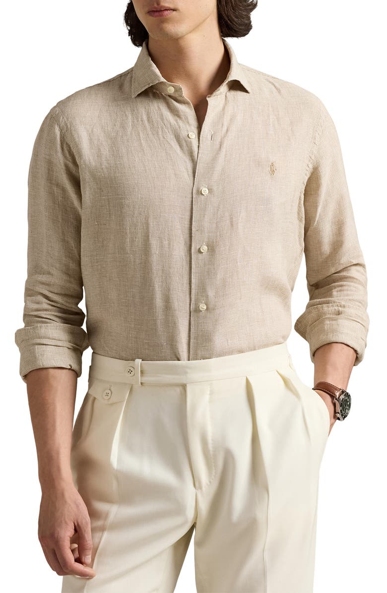 Polo Ralph Lauren Classic Fit Houndstooth Linen Button-Up Shirt, Main, color, 