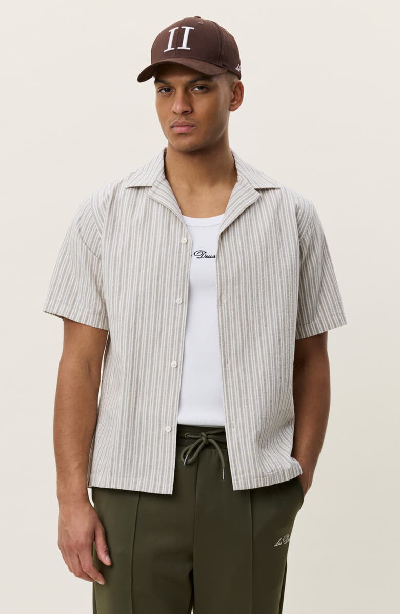 Les Deux Stripe Cotton & Linen Camp Shirt, Alternate, color, Dark Sand
