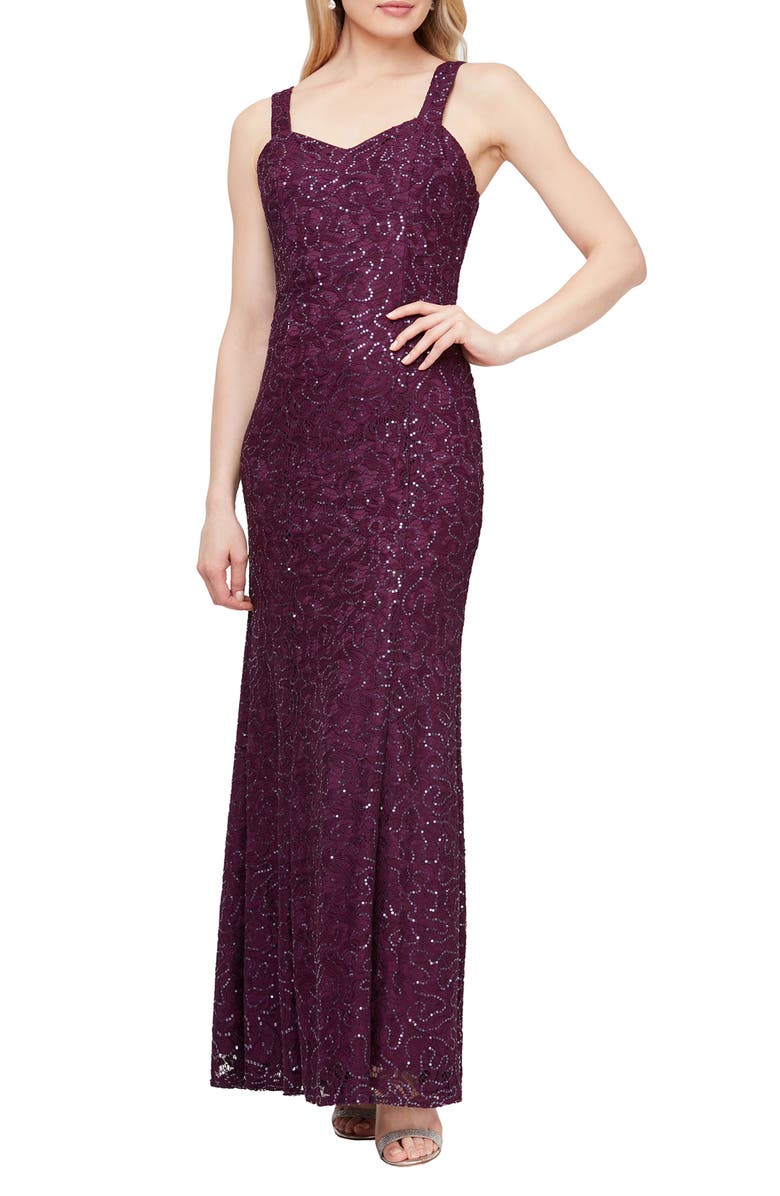 SLNY Sequin Lace Removable Capelet Sleeveless Gown, Main, color,