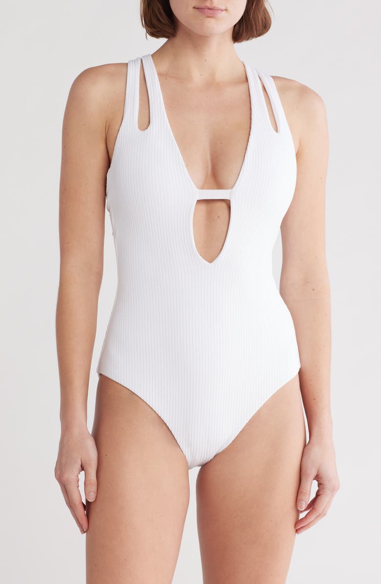 Becca Deep V-Neck Teardrop One-Piece Swimsuit, Main, color, 