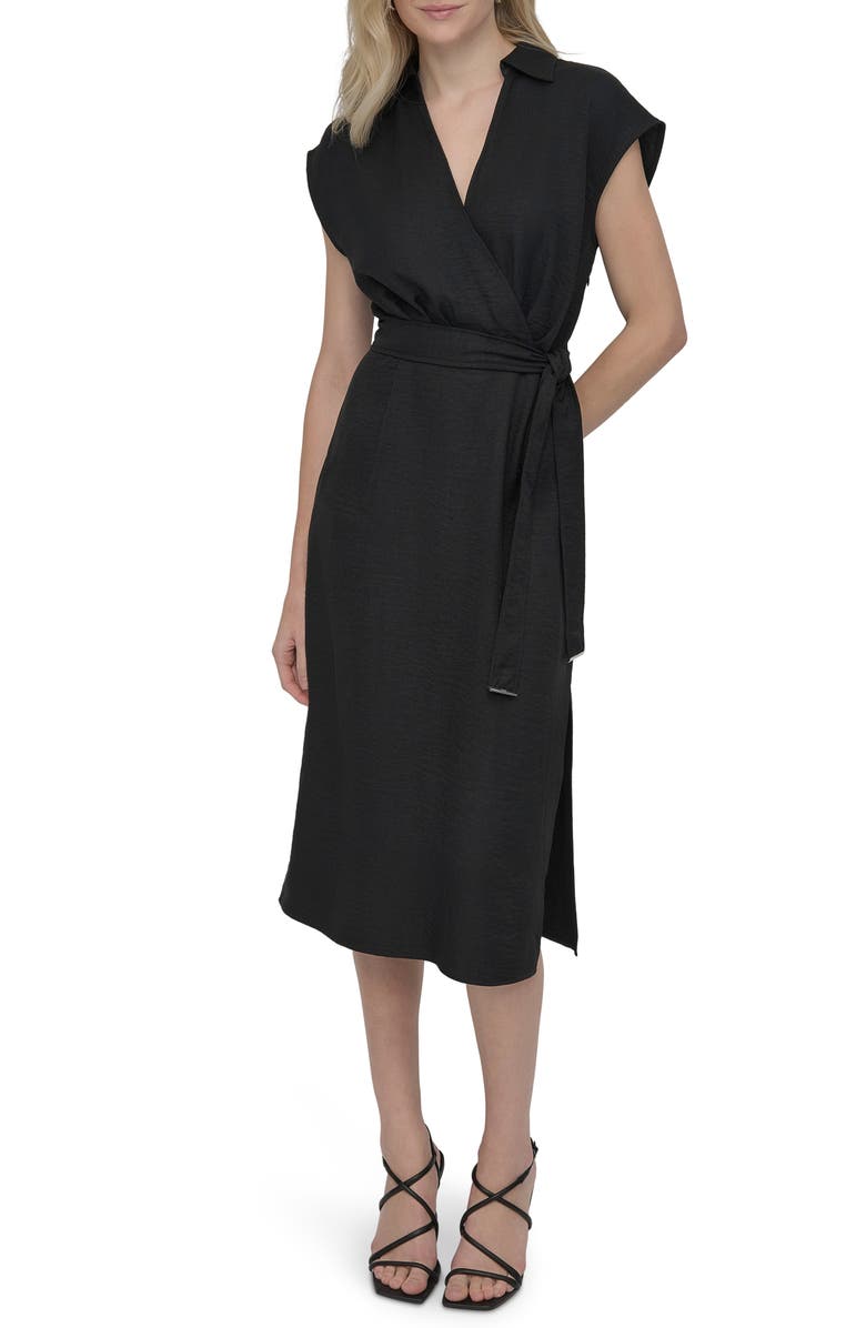 DKNY Faux Wrap Midi Dress, Main, color, Black