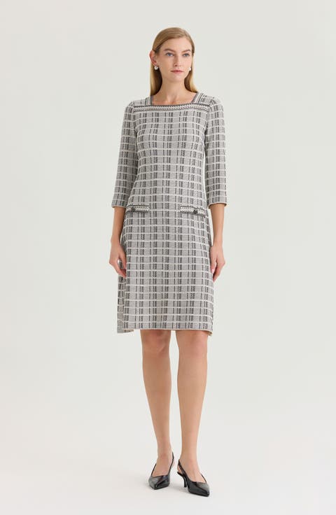 A-Line Contrast Stitch Tweed Knit Dress