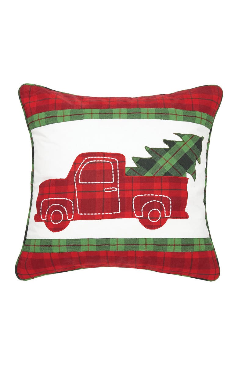 Peking Handicraft Red/White Plaid Truck with Tree Applique Pillow, Main, color, 