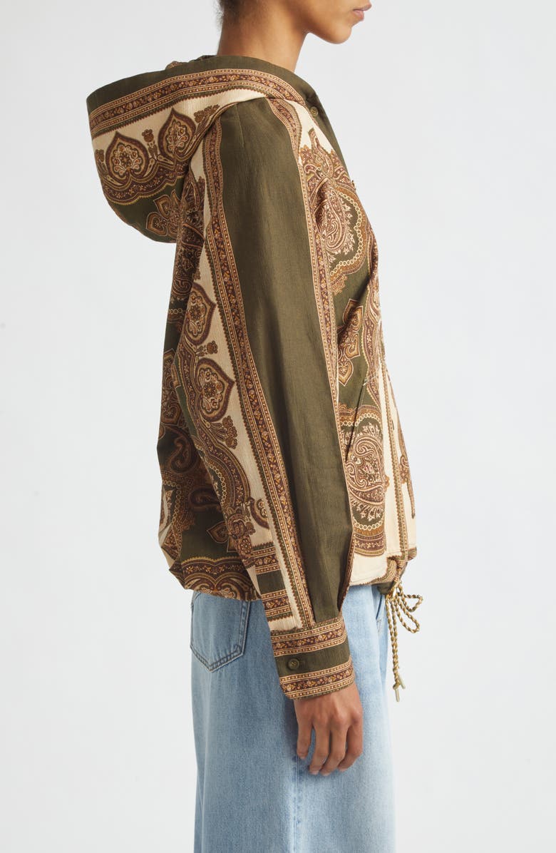 Zimmermann Mahon Paisley Print Hooded Button-Up Shirt, Alternate, color, Olive Paisley
