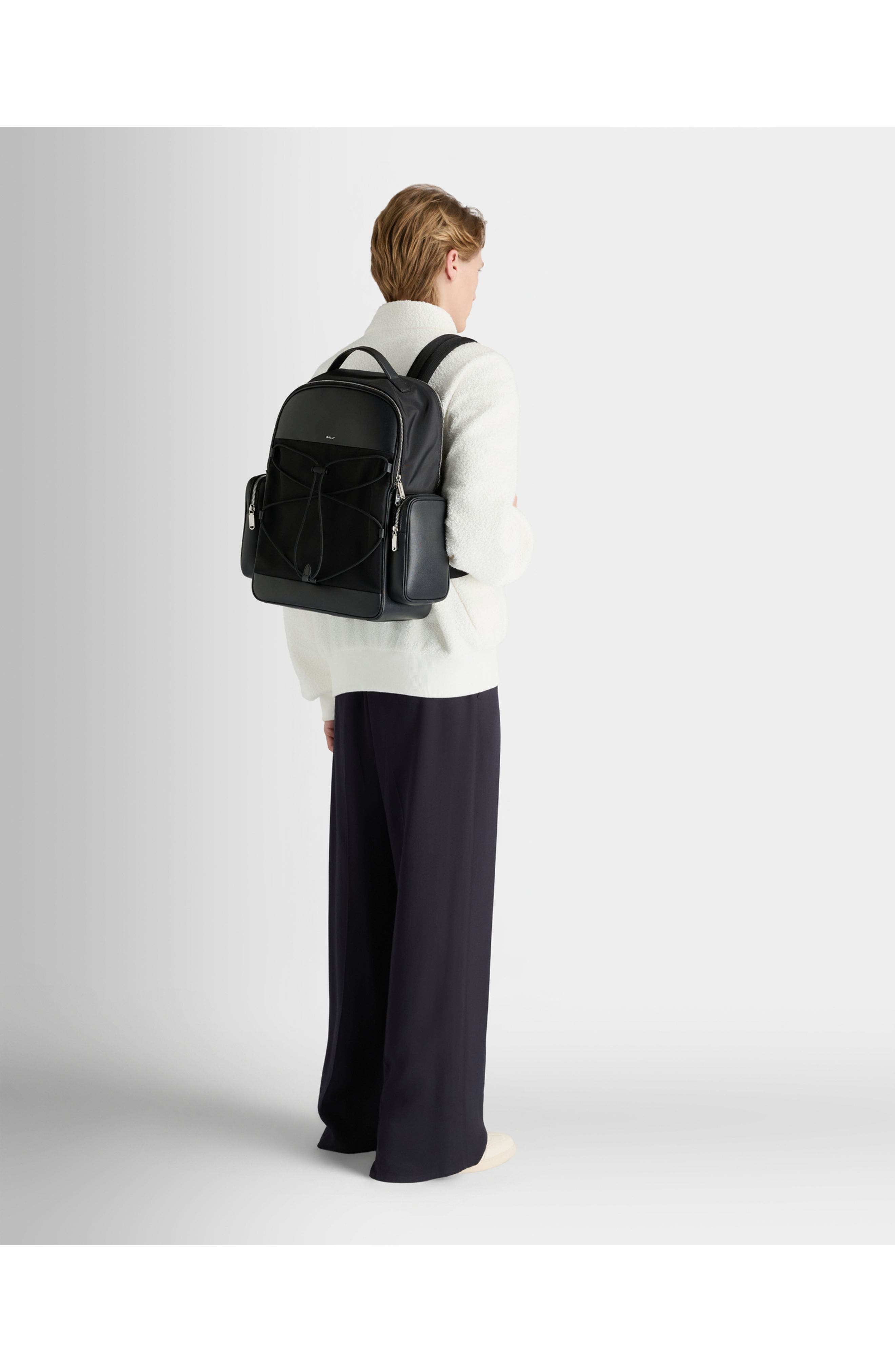 Bally Backpack in Nylon and Recycled Leather, Alternate, color, Black