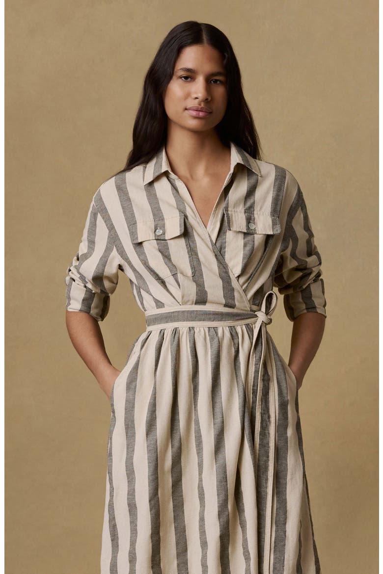 Julia Stripe Long Sleeve Organic Cotton & Linen Blend Wrap Shirtdress, Alternate, color, PINE BAY STRIPE