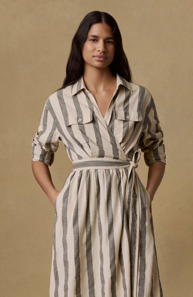 Faherty Julia Stripe Long Sleeve Organic Cotton & Linen Blend Wrap Shirtdress, Alternate, color, Pine Bay Stripe
