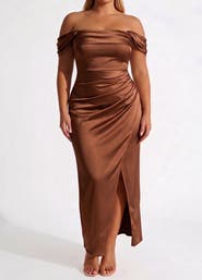 Popilush Liquid Metallic Fabric Off Shoulder Shine Ruched Sculpting Maxi Shapewear Dress