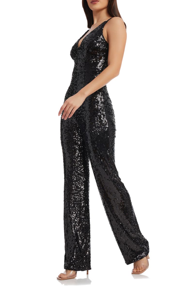 Dress the Population Charlie Sequin Wide Leg Jumpsuit, Alternate, color, Black