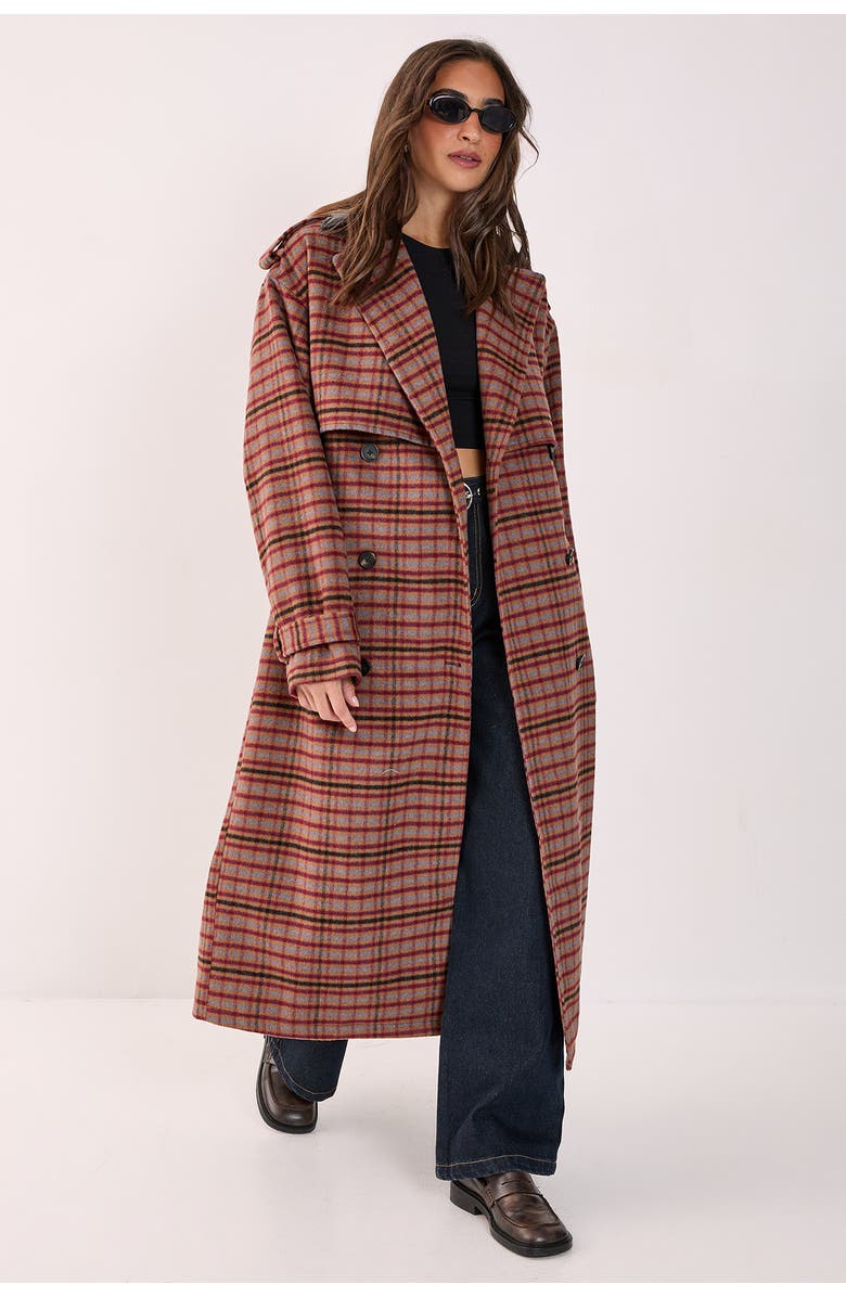 NASTY GAL Check Vinyl Collar Trench Coat, Main, color, Brown