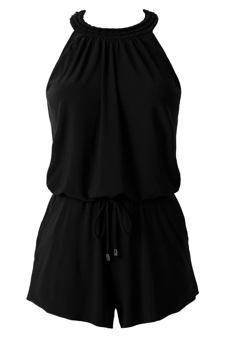 Piper Solid One-Piece Romper Swimsuit, Alternate, color, BLACK