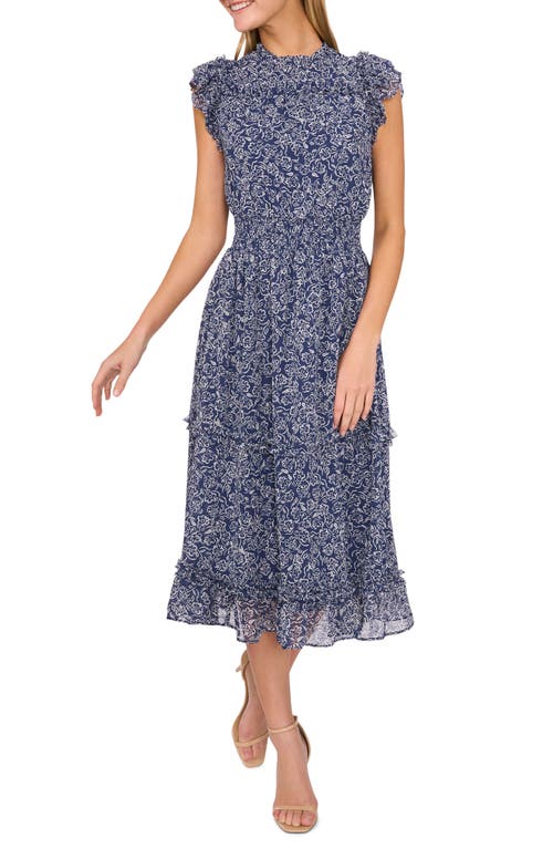 Shop Cece Floral Flutter Sleeve Midi Dress In Ocean Blue