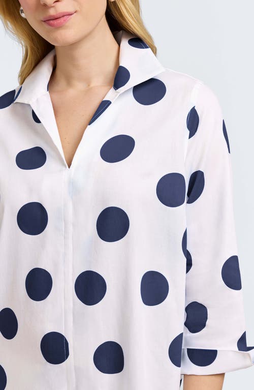 Foxcroft Agnes Polka Dot Cotton Popover Top In White/navy