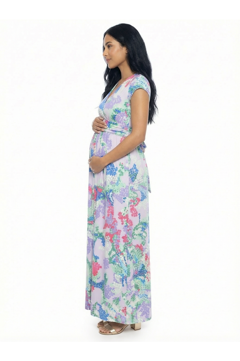 Maternity Abstract V-Neck Cap Sleeve Side Slit Pocket A-Line Maxi Dress, Alternate, color, Lilac Multi