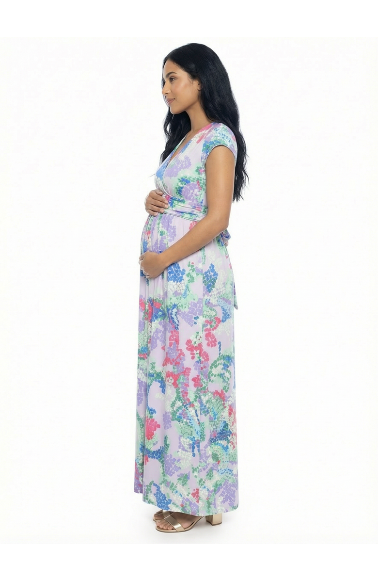24seven Comfort Apparel Maternity Abstract V-Neck Cap Sleeve Side Slit Pocket A-Line Maxi Dress, Alternate, color, Lilac Multi