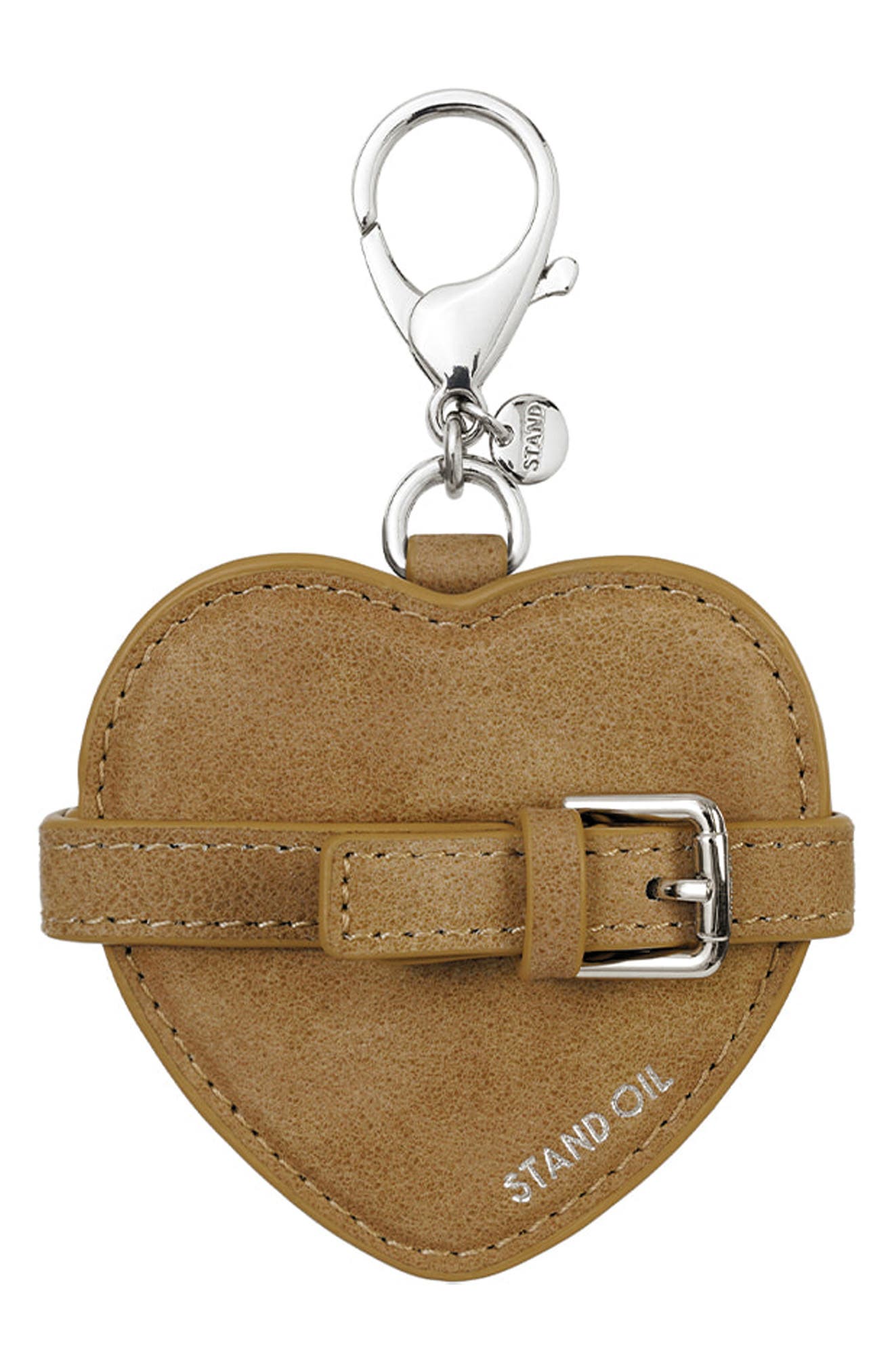 Stand Oil Belted Heart Mirror Faux Leather Key Ring Bag Charm, Alternate, color, Camel