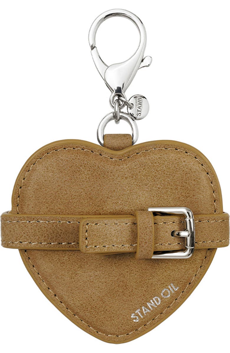 Stand Oil Belted Heart Mirror Faux Leather Key Ring Bag Charm, Alternate, color, Camel