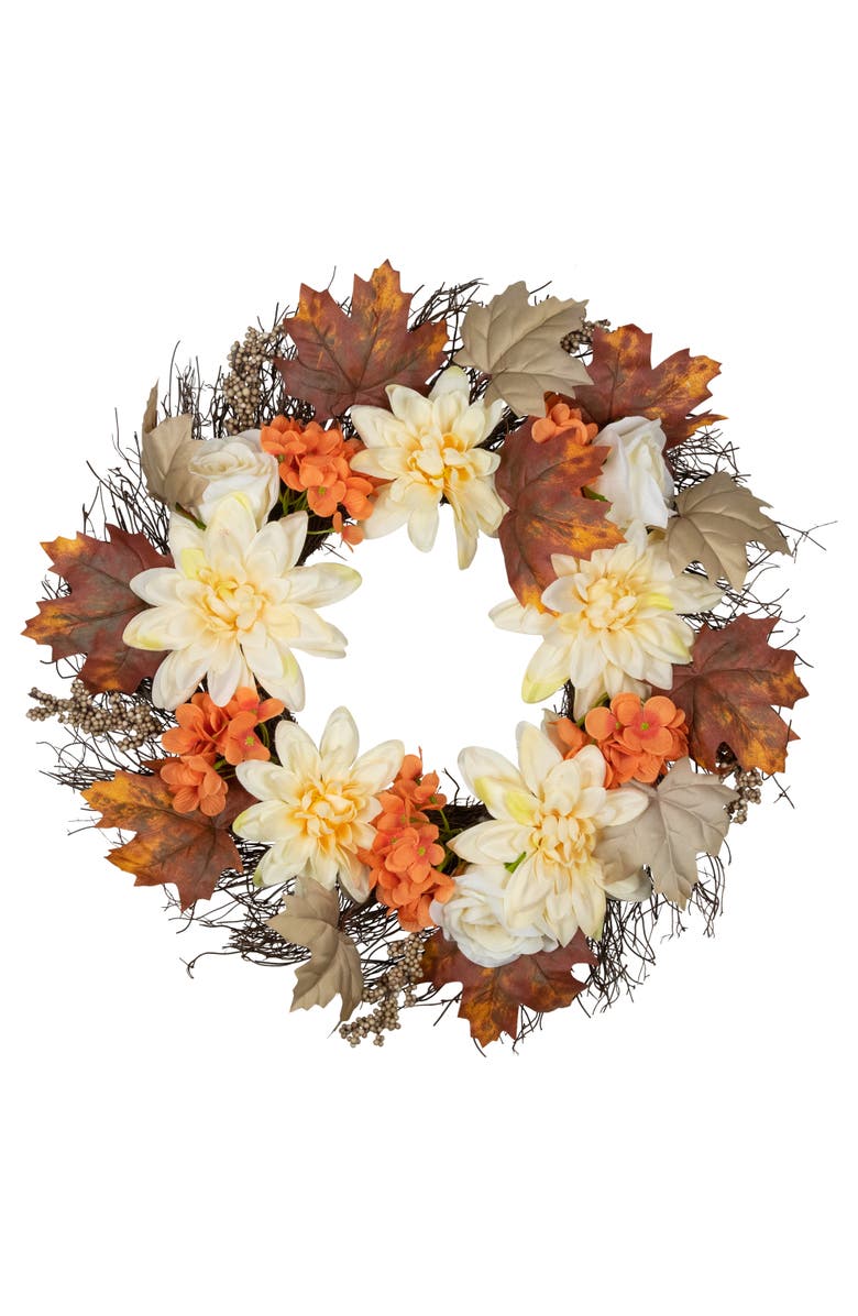 Northlight Dahlias, Maple Leaves and Berries Artificial Fall Harvest Floral Twig Wreath - 22", Main, color, Orange