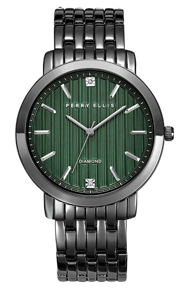 Perry Ellis Ultra Thin Stripe Dial Diamond Accent Bracelet Watch, 41mm, Main, color, Gunmetal