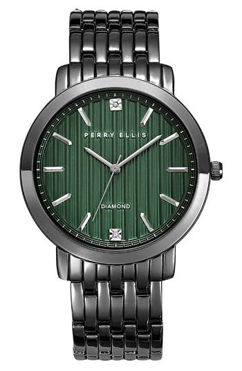 Perry Ellis Ultra Thin Stripe Dial Diamond Accent Bracelet Watch, 41mm In Black