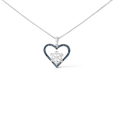925 Sterling Silver 1/10ct TDW  Blue Treated  Diamond Heart Pendant Necklace