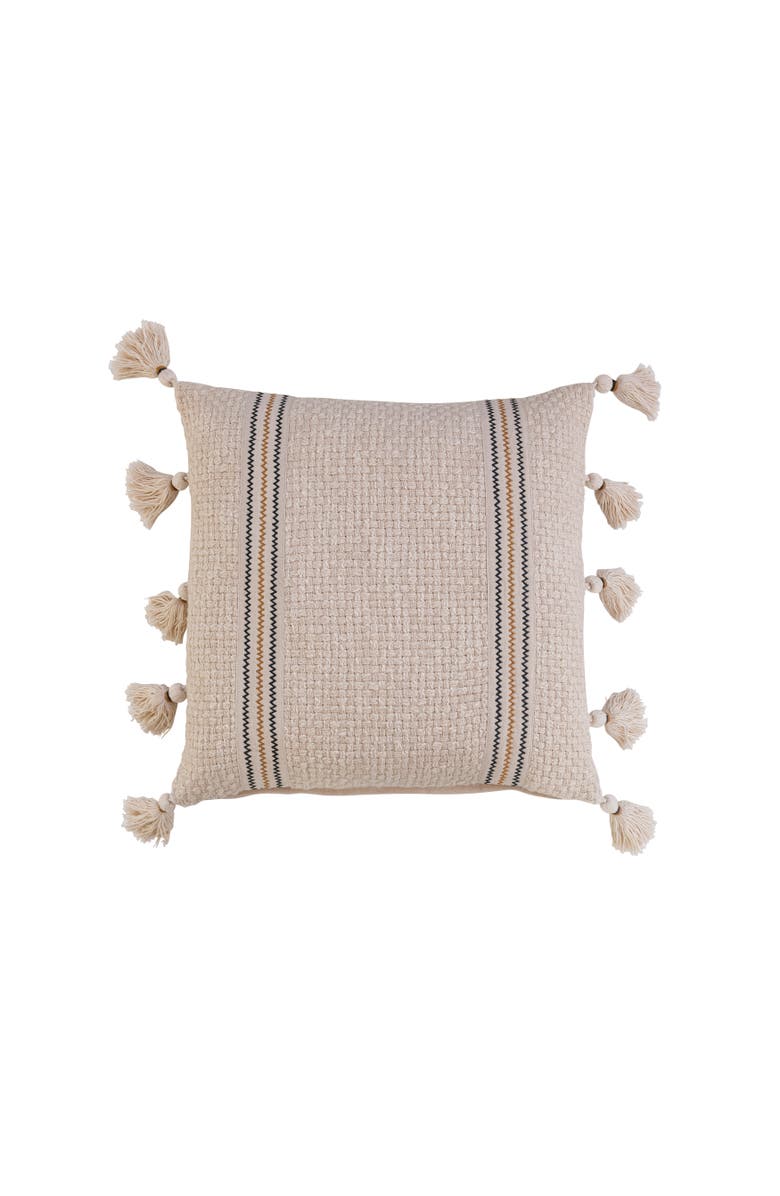 Storied Home 18 Inches Square Woven Cotton Pillow with Embroidery and Tassels, Multicolored, Main, color, Natural