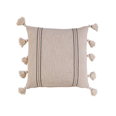 18 Inches Square Woven Cotton Pillow with Embroidery and Tassels, Multicolored