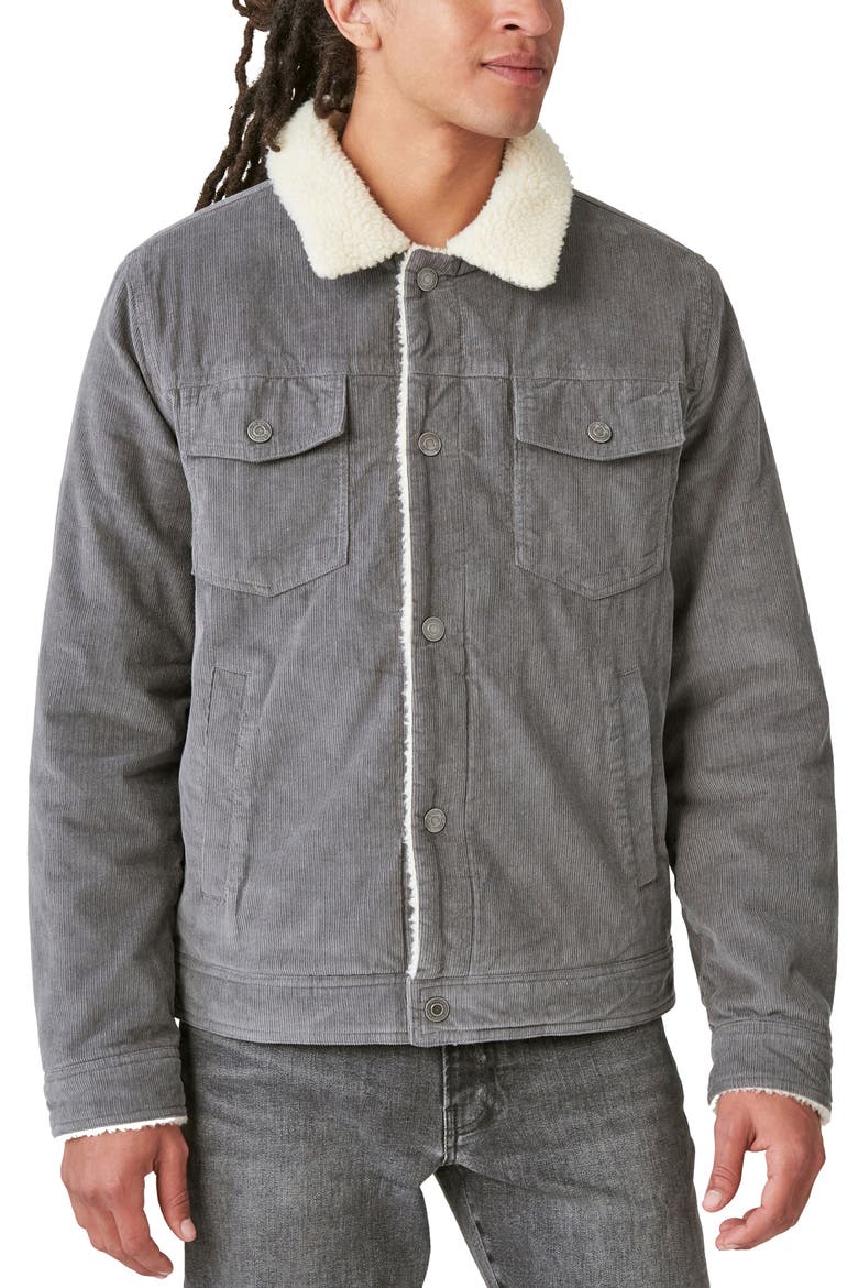 Faux Shearling Lined Corduroy Trucker Jacket, Main, color, GREY