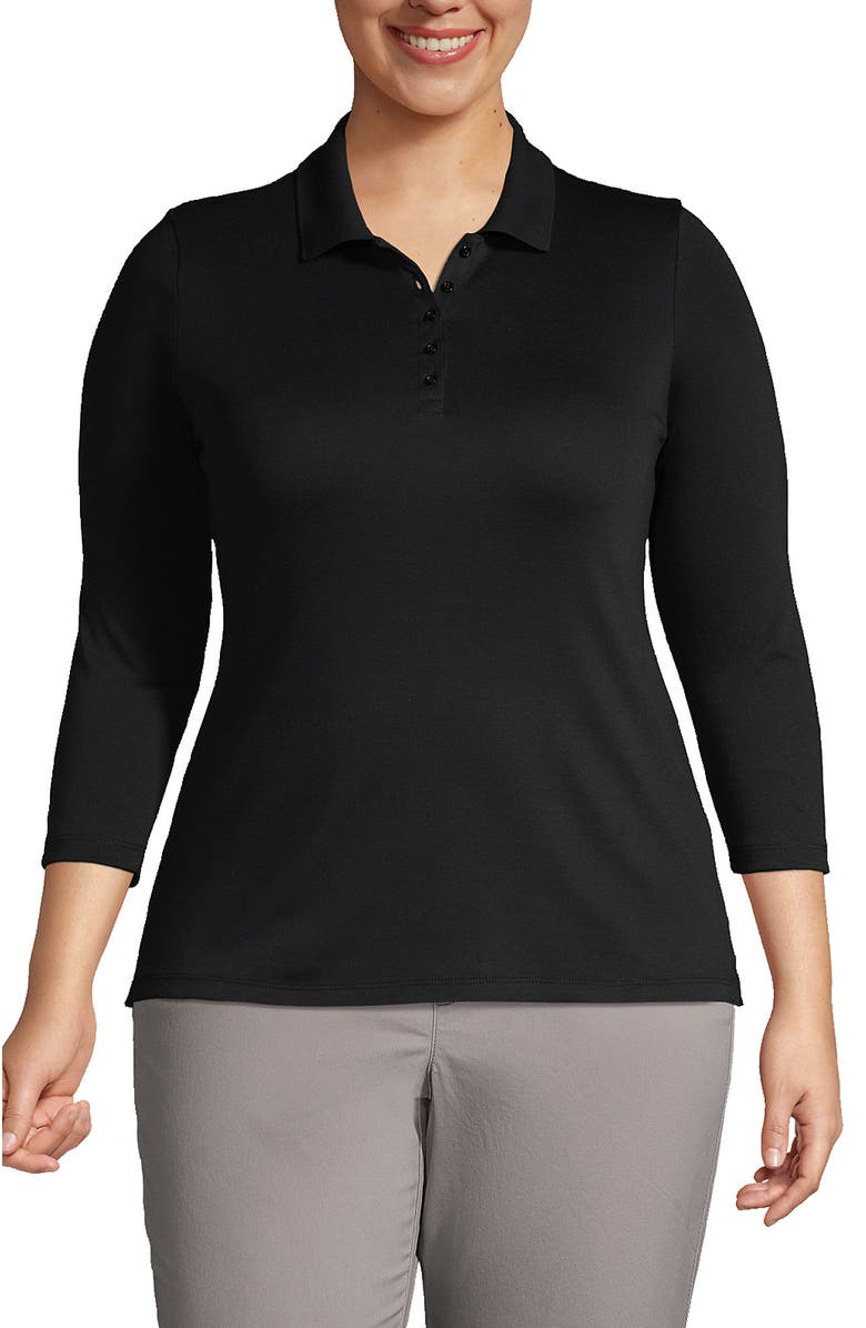 Lands' End 3/4 Sleeve Supima Cotton Polo Shirt, Main, color, Black