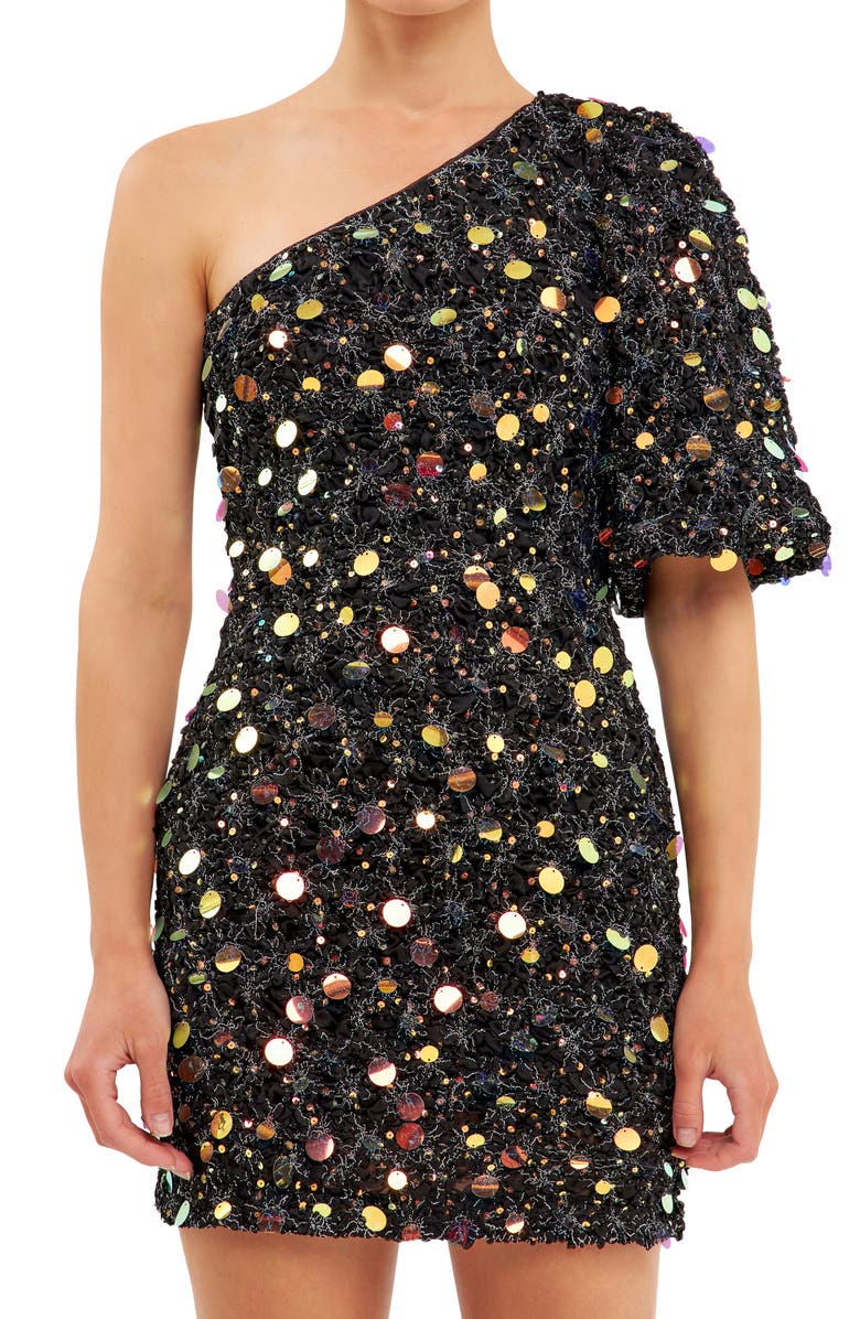 Endless Rose Premium Sequin Tulle One-Shoulder Minidress, Alternate, color, Black