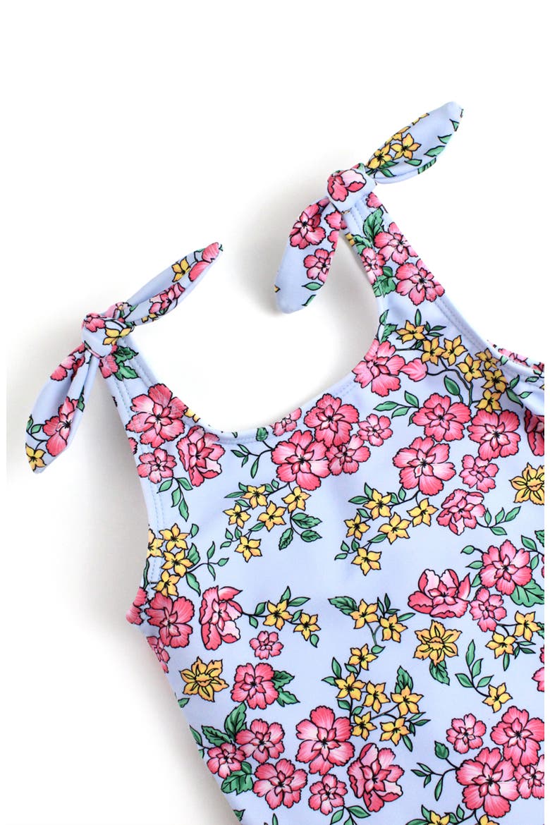 Kids' Cheerful Blossoms Tie Shoulder One-Piece Swimsuit, Alternate, color, BLUE/ PINK MULTI