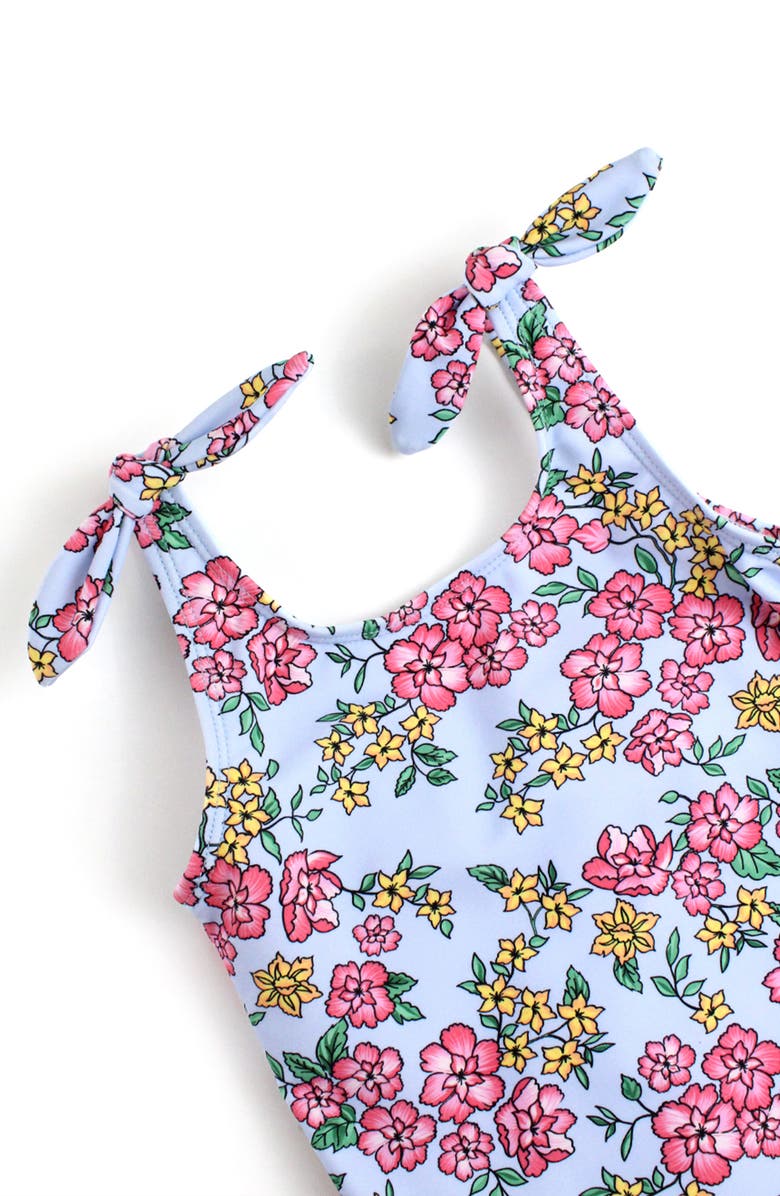 RuffleButts Kids' Cheerful Blossoms Tie Shoulder One-Piece Swimsuit, Alternate, color, Blue/ Pink Multi