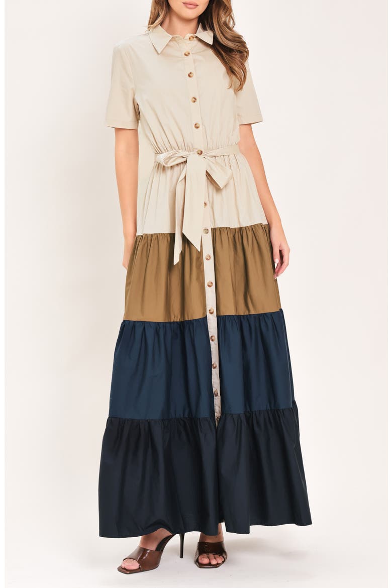 Colorblock Maxi Shirtdress, Main, color, NAVY BROWN