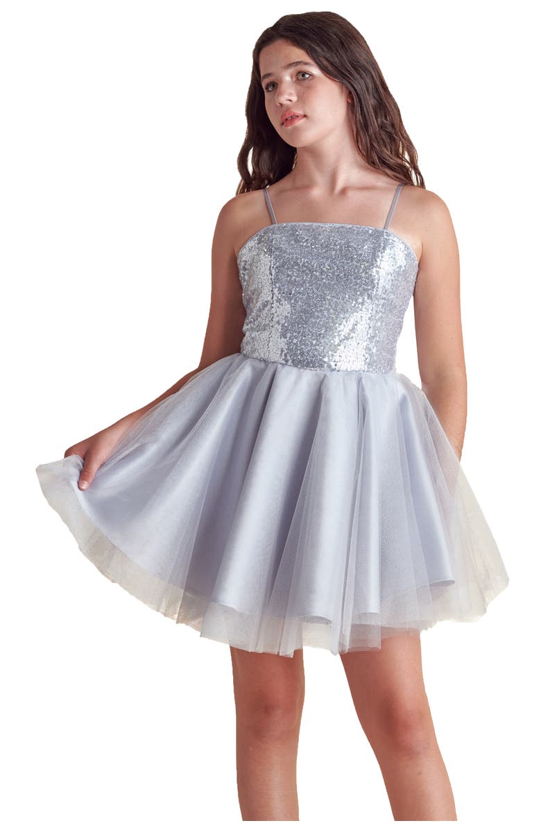 Un Deux Trois Sequin and Tulle Party Dress, Main, color, Silver
