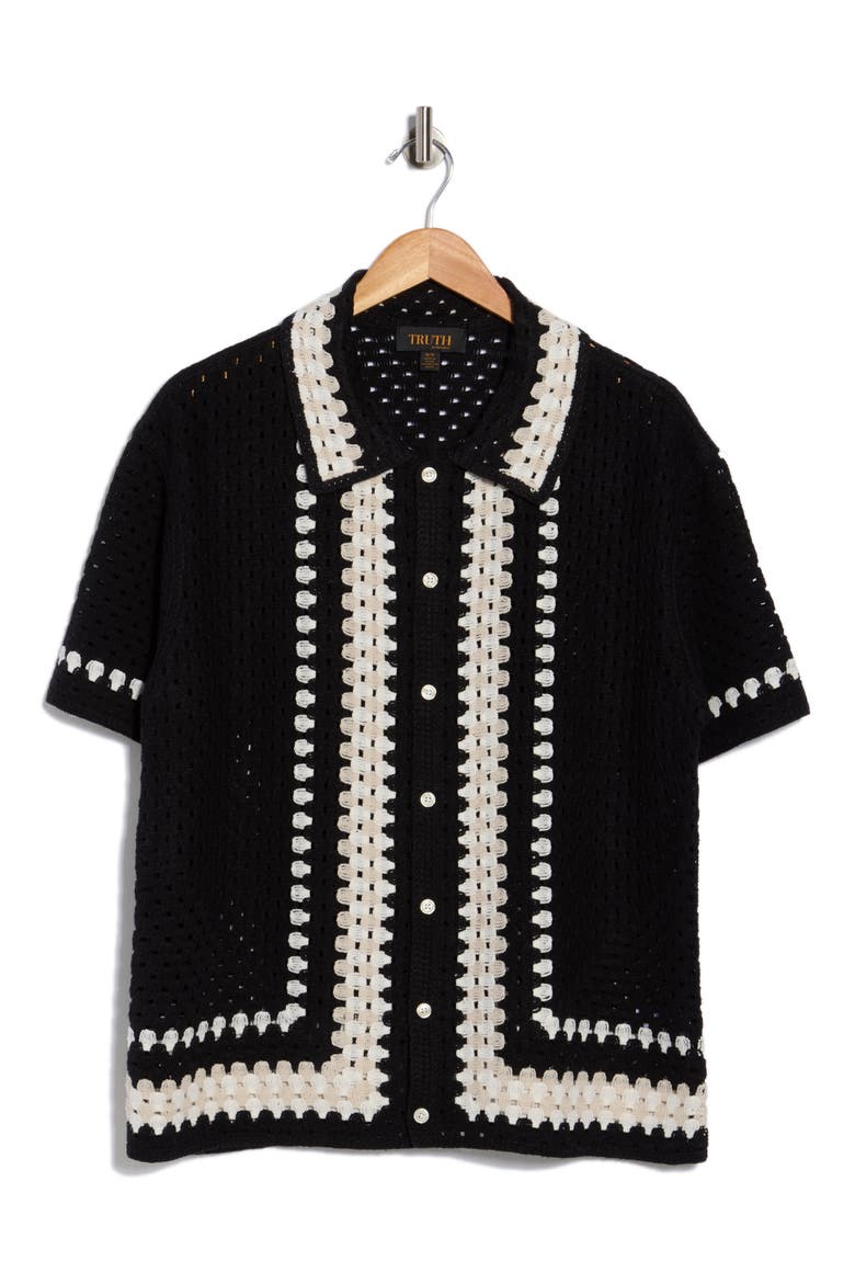 Crochet Button-Up Shirt, Alternate, color, BLACK/ NEUTRAL COMBO