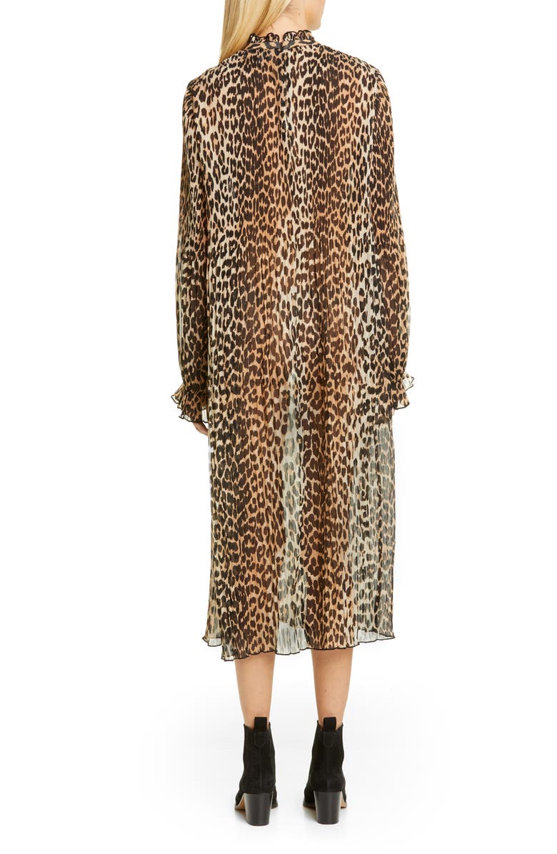 Ganni Leopard Print Sheer Georgette Long Sleeve Midi Dress, Alternate, color, 