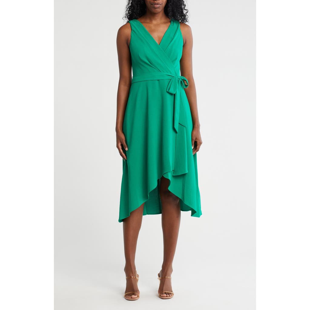 Connected Apparel Tie Belt Faux Wrap High-low Dress In Green