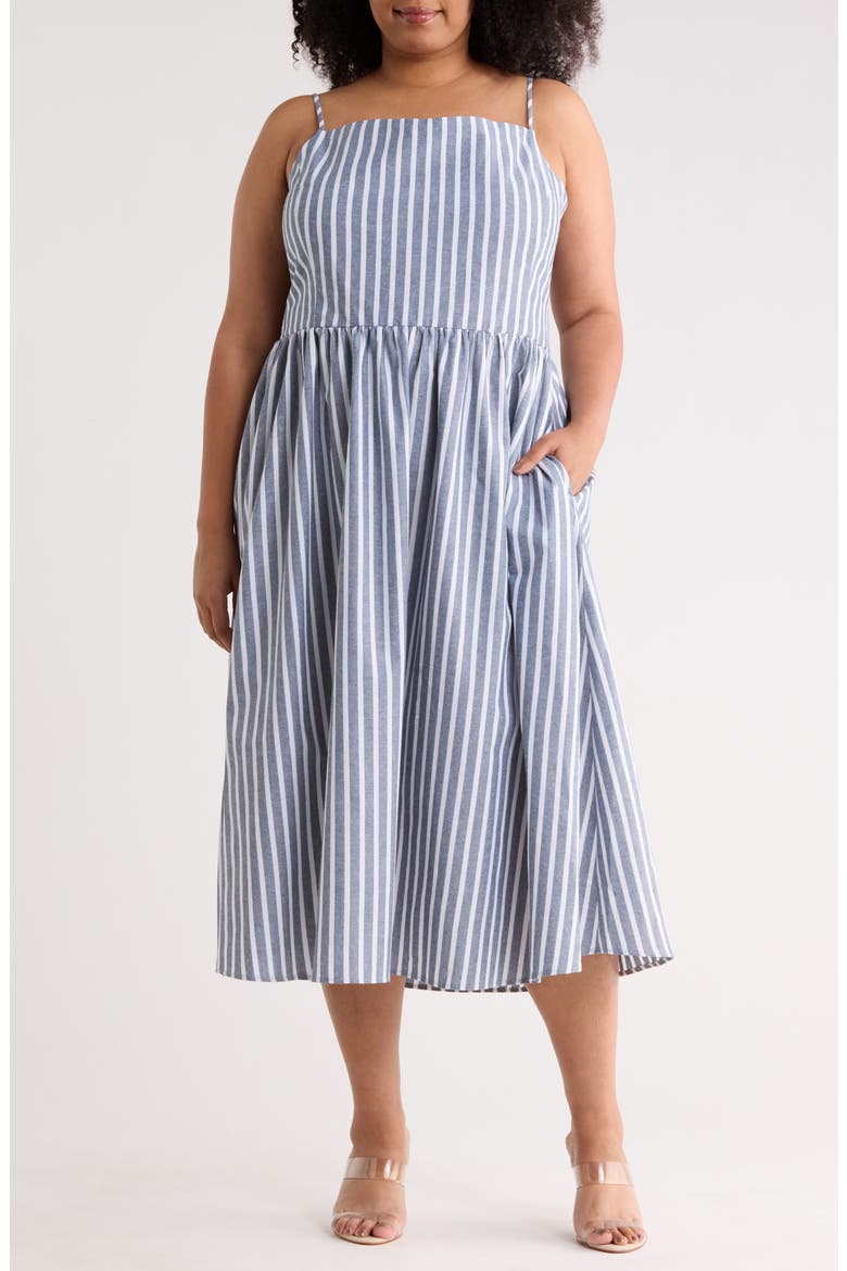 Stripe Fit & Flare Midi Dress, Main, color, DENIM