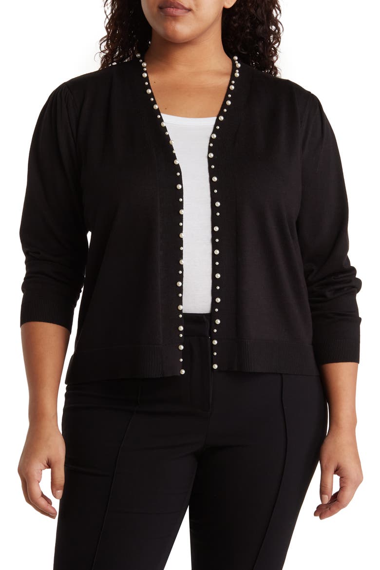 Panther Pearly Beaded Open Front Cardigan, Main, color, BLACK