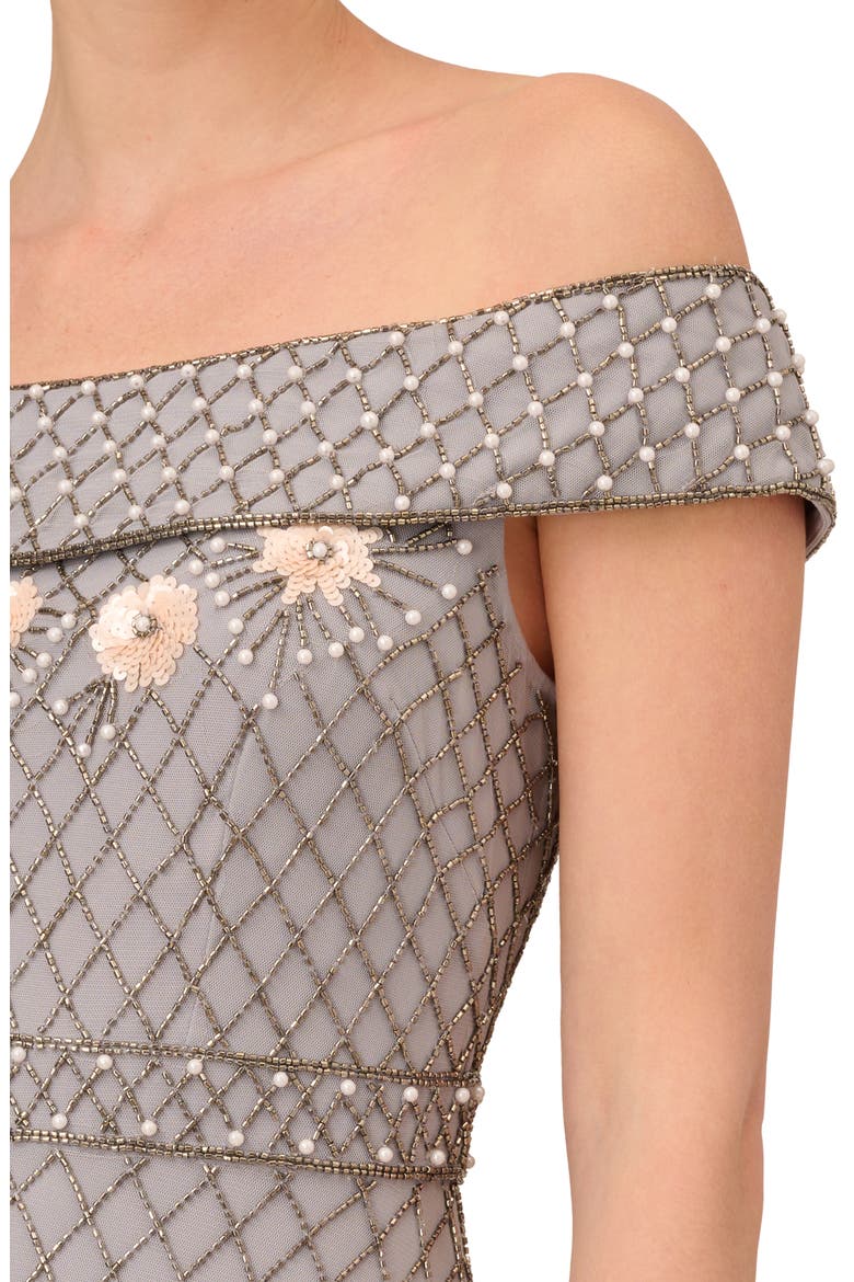 Beaded Off the Shoulder Cocktail Dress, Alternate, color, SILVER MIST