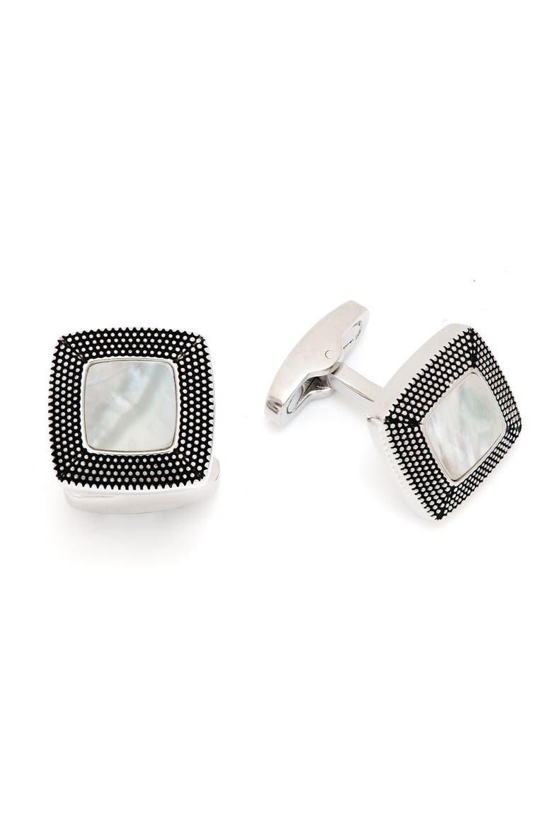 Granulated Soft Square Gemstone Inlay Cufflinks, Alternate, color, White