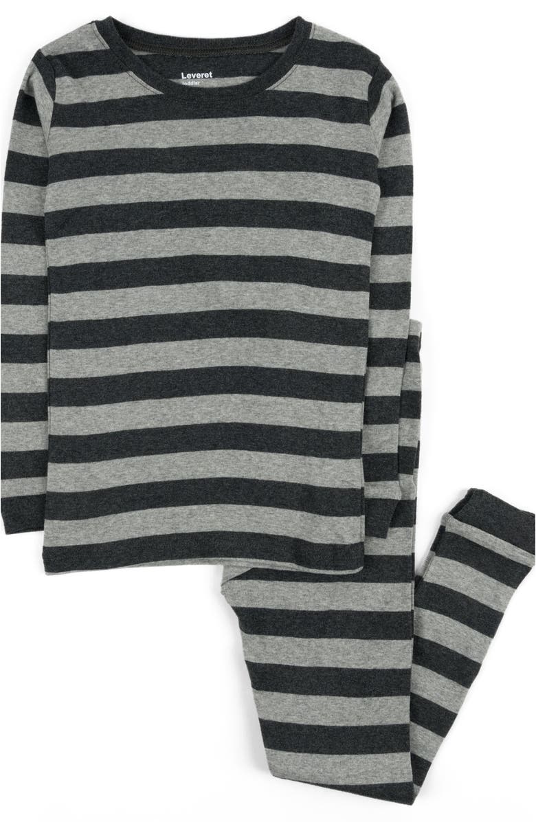 Leveret Kids Cotton Two-Piece Pajamas, Stripes, Solids & Tie Dye, Main, color, Striped Dark Gray & Light Gray