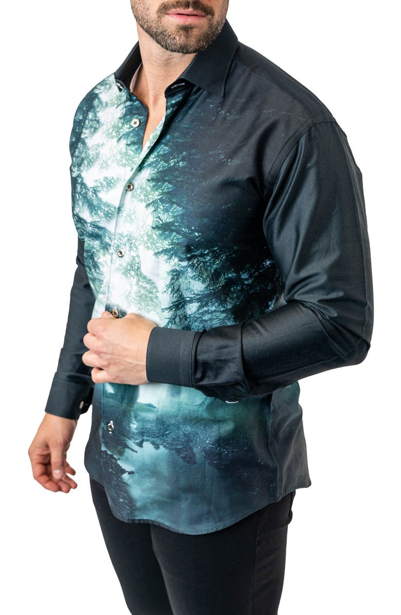 Maceoo Fibonacci Lionforest 17 Black Contemporary Fit Button-Up Shirt, Alternate, color, Black