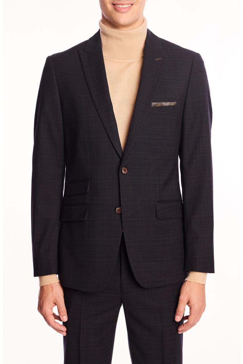 Ashton Slim Fit Brown Plaid Blazer, Main, color, BLUE CAMEL GRID