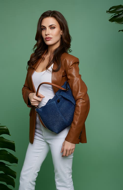 Think Royln Savannah Raffia Shoulder Bag In Navy Raffia W/saddle Trim