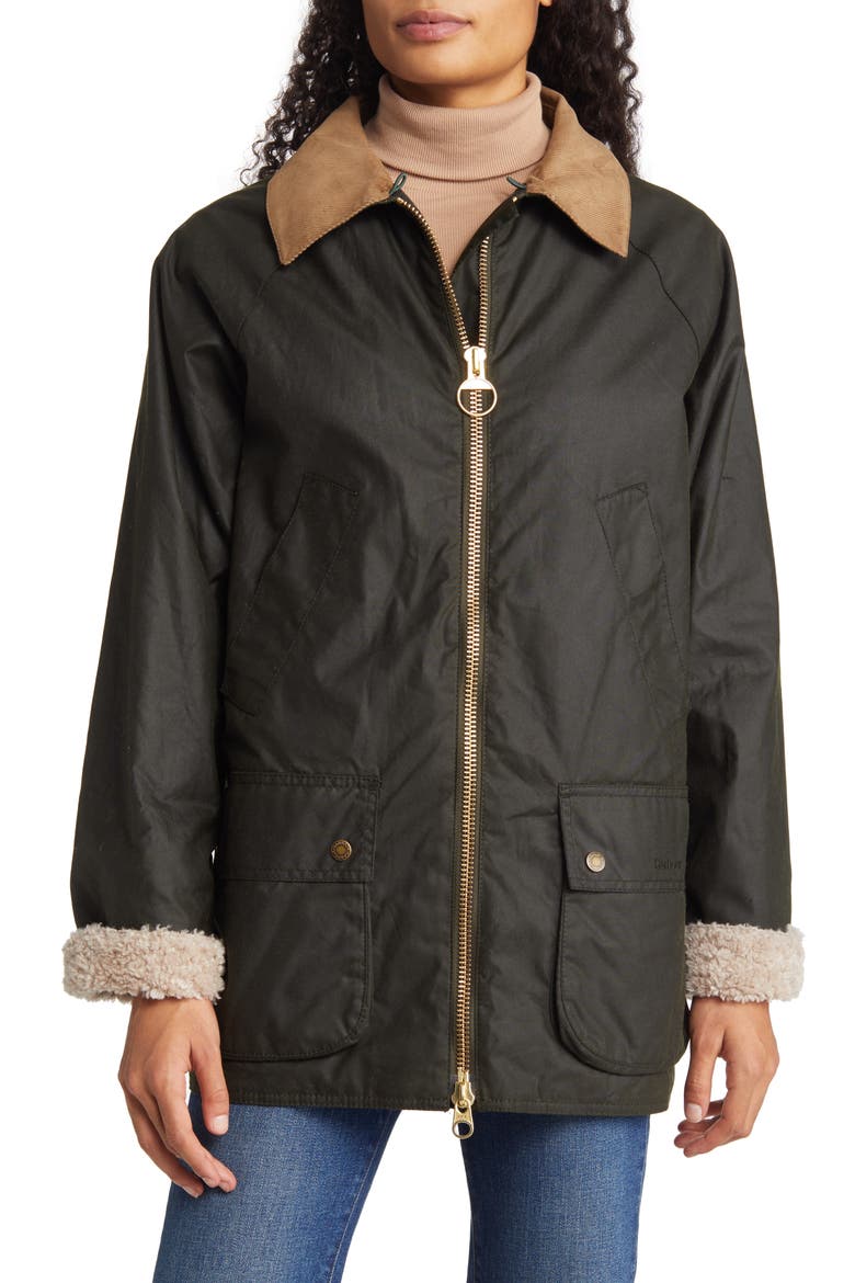 Carloway Waxed Cotton Jacket with Removable Faux Shearling Collar, Alternate, color, FERN/ CLASSIC TARTAN